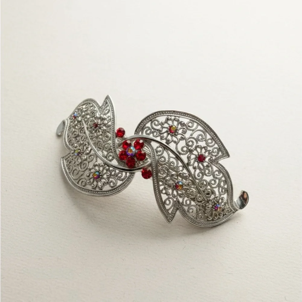 Vintage Ornate Silver Tone Hair Barrette with Red Floral Rhinestones